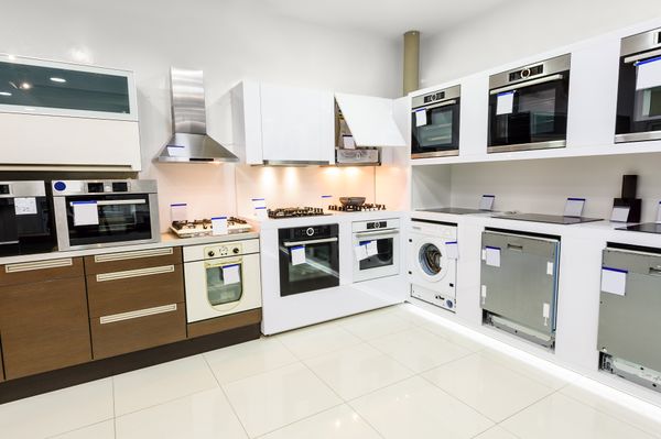 Appliances with sales tags in a store