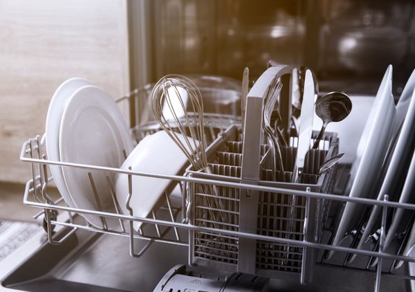 A close-up of dishes in a dishwasher 
