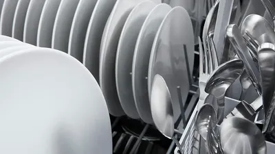 A close-up of dishes inside a Fisher & Paykel dish drawer