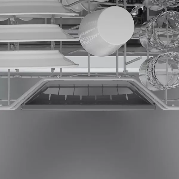 An overhead view of dishes inside the Bosch SGX78C55UC dishwasher 
