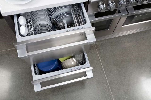 top view of a double drawer dishwasher with both drawers pulled out