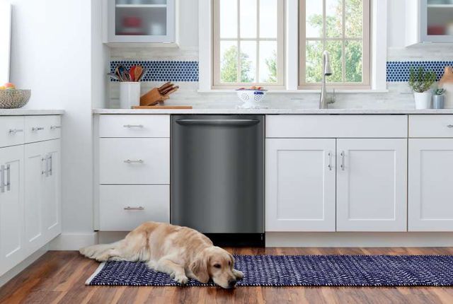 front view of a modern kitchen with a stainless steel dishwasher with a golden retriever laying in front of it