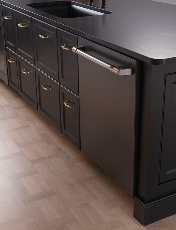 Matte black Cafe dishwasher in a kitchen with black cabinets