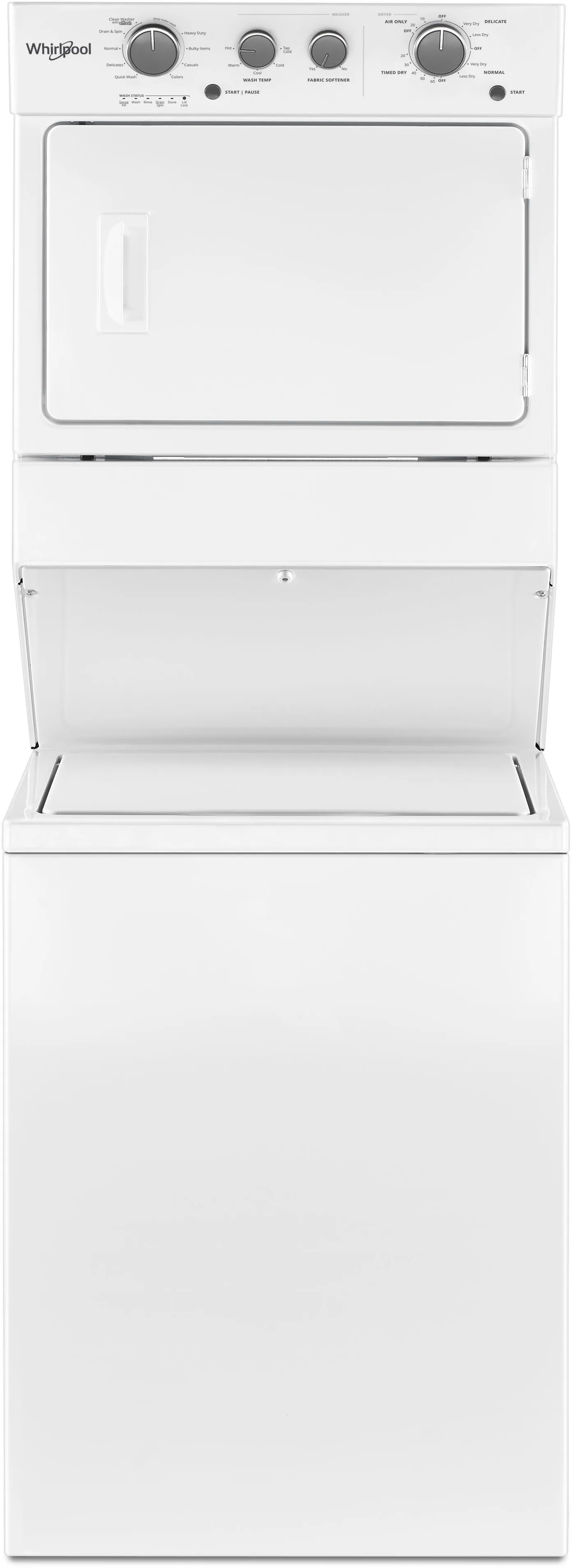 white stacked top load washer and front load dryer