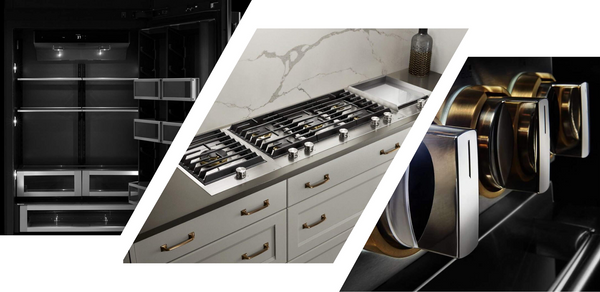 A series of three images depicting the Obsidian interior of a JennAir® built-in refrigerator, a series of custom cooktops in a countertop, and a close up of RISE™ design knobs.
