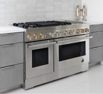 A JennAir® RISE™ Professional-Style Range in a white and gray contemporary luxury
