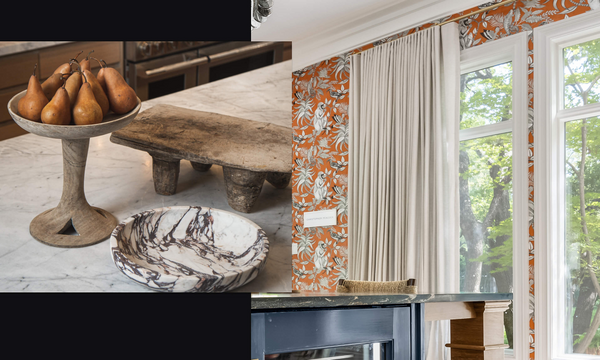 Series of images depicting rustic decor, Maximalist wall paper in contemporary luxury kitchens.