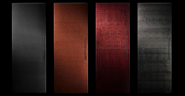 The four original colors of Cuts Leather Panels: Carbon, Cognac, Croc and Caviar, from left to right