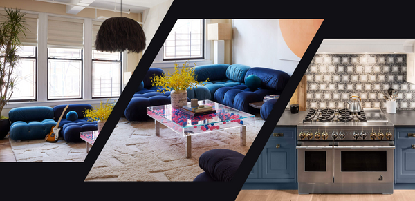 A collage of a loft apartment filled with fun color and texture, paired with a blue kitchen featuring a JennAir® Professional-Style Range