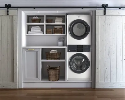Credit: Electrolux The Electrolux 300 Series ELTG7300AW laundry center installed in a compact laundry closet