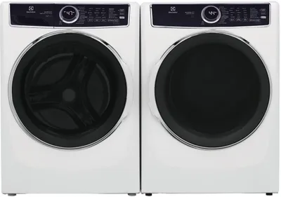 Front view of an Electrolux ELFW7637AW washer and Electrolux ELFE7637AW dryer