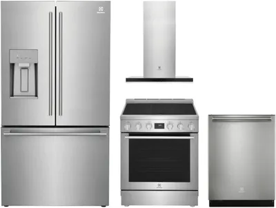 The Electrolux ERFC2393AS refrigerator, ECFI3068AS range, EDSH4944BS dishwasher, and ECVW3062AS range hood