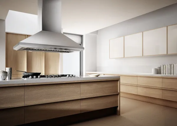 The Elica Pro Series Leone ELI136S2 range hood in an open kitchen 