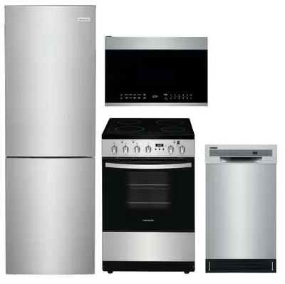 A Frigidaire kitchen package with a FRBG1224AV refrigerator, FFBD1831US dishwasher, FCFE2425AS range, and UMV1422US microwave 