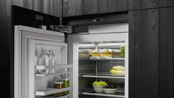 A close-up of the Fisher & Paykel RS3084SRHE1 refrigerator door 