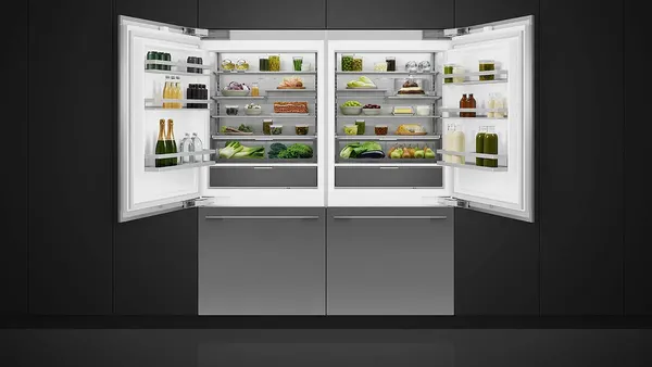 Matching Fisher & Paykel RS3684WRUVE1 refrigerators against a black background 