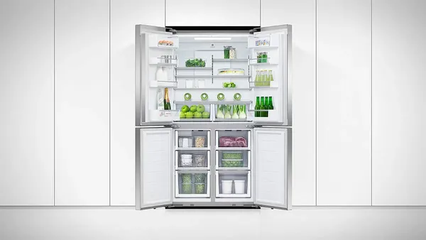 The Fisher & Paykel RS36A80U1 N refrigerator with its doors open 