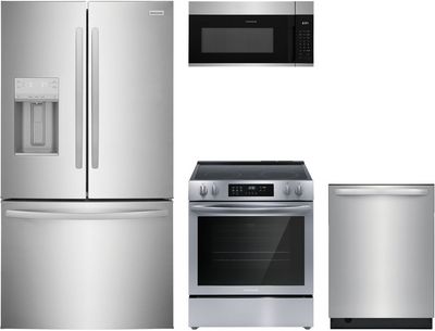 The Frigidaire FRFS2823AS refrigerator, FCFE3083AS range, FDSH4501AS dishwasher, and FMOW1852AS 
