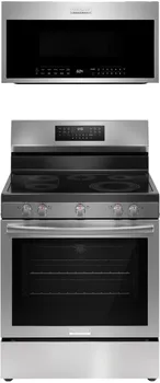 Front view of a Frigidaire Gallery 2-piece appliance package with the Frigidaire Gallery GCRE3060BF range and GMOS1964AF microwave 