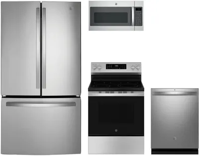 The GE GNE27JYMFS refrigerator, GRF600AVSS range, GDT650SYVFS dishwasher, and JVM7195SKSS microwave