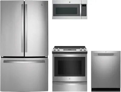 A GE appliance bundle with a GNE27JYMFS refrigerator, JS760SPSS range, GDP670SYVFS dishwasher, and JVM7195SKSS microwave 