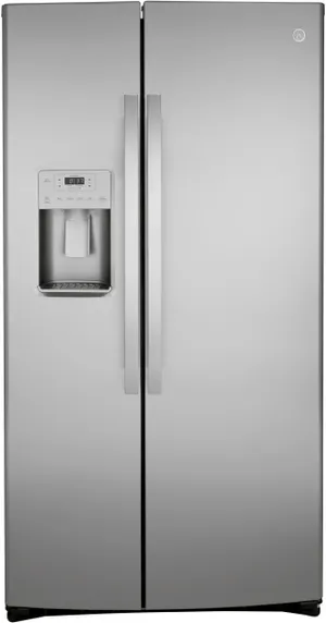 Front view of the GE GSS25IYNFS  side by side refrigerator 