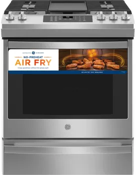 Front view of the GE JGS760SPSS slide-in gas range
