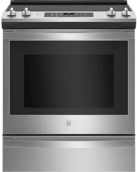 Front view of the GE JS760SPSS slide in electric range 
