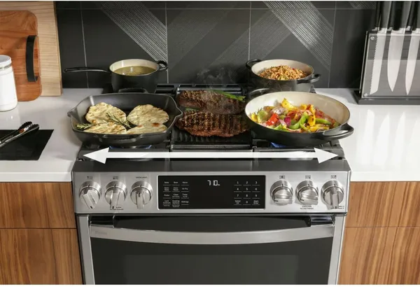 The GE Profile P2S930YPFS range cooking a variety of foods