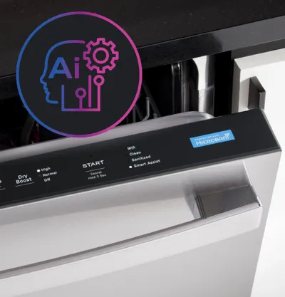 An infographic for the AI features on the GE Profile PDT795SYVFS dishwasher 