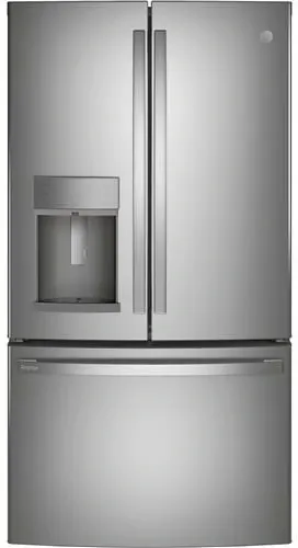 Front view of the GE Profile PFE28KYNFS French door refrigerator