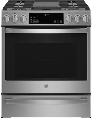 Front view of the GE Profile PGS930YPFS slide-in gas range