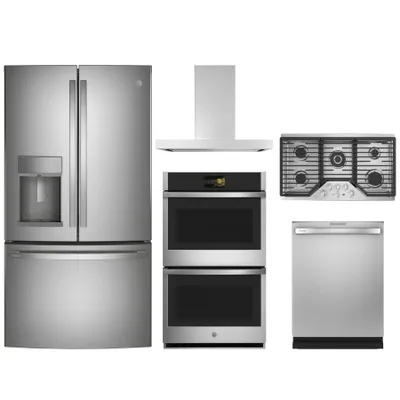 A GE Profile appliance bundle with a PYE22KYNFS refrigerator, PGP9036SLSS cooktop,  PTD7000SNSS  oven, PDT715SYNFS dishwasher, and UVW9361SLSS range hood