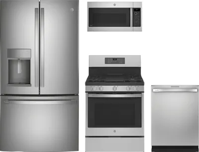 Credit: GE Profile kitchen A GE Profile kitchen package featuring the PFE28KYNFS refrigerator, PDT715SYVFS dishwasher, PGB935YPFS range, SGS365TS cooktop, and PVM9179SRSS oven