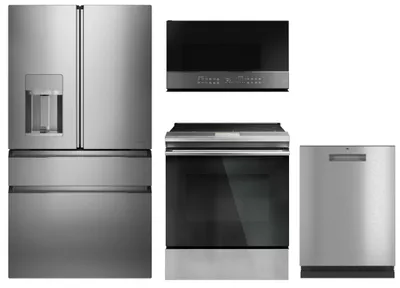 A Cafe kitchen package with a CVE28DM5NS5 refrigerator, CDP888M5VS5 dishwasher, CHS90XM2NS5 range, and CVM721M2NS5 microwave 
