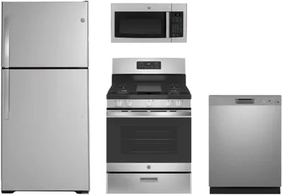A GE appliance bundle featuring the GTS22KYNRFS refrigerator, JGBS66REKSS range, GDF550PSRSS dishwasher, and JVM3160RFSS microwave
