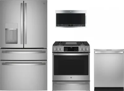 A GE Profile appliance bundle featuring the PVD28BYNFS refrigerator, PGS930YPFS range, PDT715SYVFS dishwasher, and PVM9005SJSS microwave