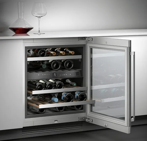 The Gaggenau RW404761 wine fridge featuring a variety of bottled beverages 