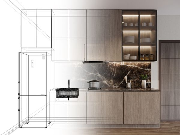 A graphic depicting a kitchen blueprint over a complete kitchen 