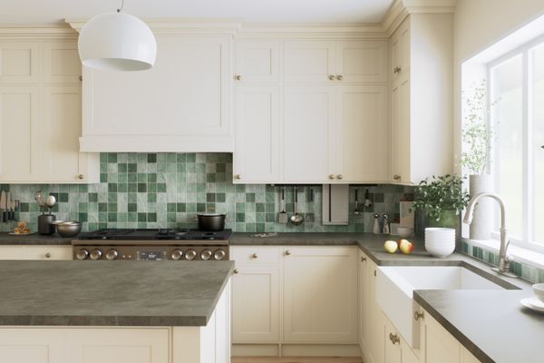 A kitchen with white cabinets, green tiles, and matching hardware 