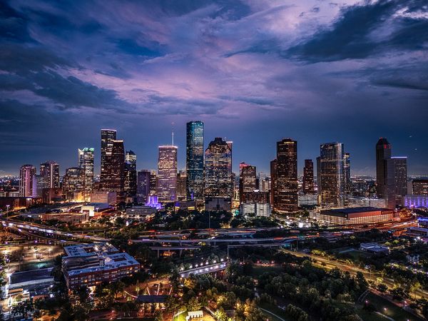  A wide view of Houston city at dusk 