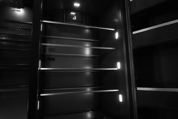 A close-up of the JennAir JBSS48E22L refrigerator interior