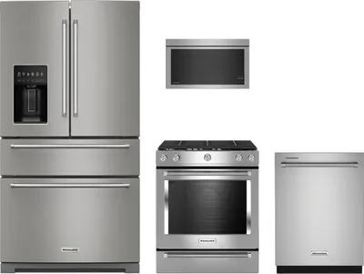 The KitchenAid appliance bundle featuring the KRMF536RPS refrigerator, KSGG700ESS range, KDTM404KPS dishwasher, and KMMF330PPS microwave 