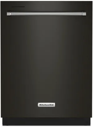 Credit: KitchenAid Front view of the KitchenAid KDTE204KBS black stainless steel dishwasher