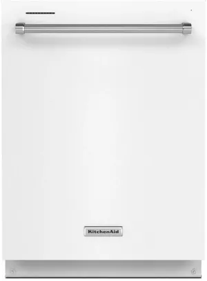 Credit: KitchenAid Front view of the KitchenAid KDTE204KWH matte white dishwasher