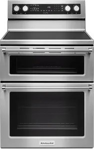 Front view of the KitchenAid KFED500ESS double oven range
