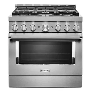 Front view of the KitchenAid KFGC506JSS 36” gas range