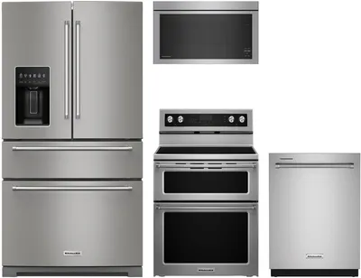 The KitchenAid KRMF536RPS refrigerator, KFED500ESS range, KDTM404KPS dishwasher, and KMMF330PSS microwave 