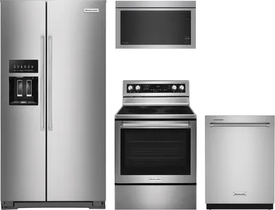 Front view of the KitchenAid KI_KIT_KRSC703HPS_KFEG500ESS_KDTM404KPS_KMMF330PSS appliance package