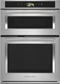 Front view of the KitchenAid KOCE900HSS combo wall oven